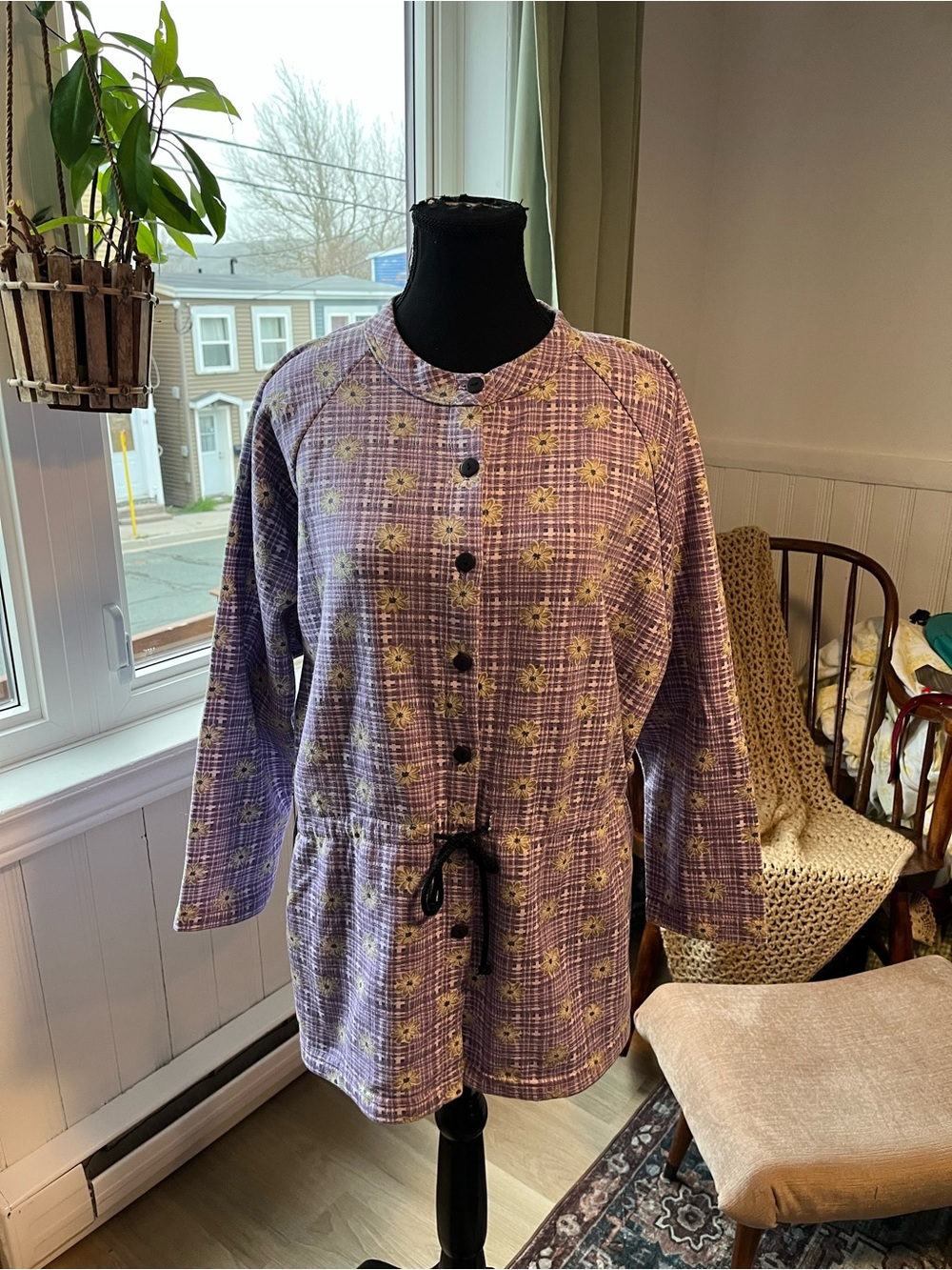 Women's Vintage Lavender Plaid Button-Front Floral Jacket Size 1X